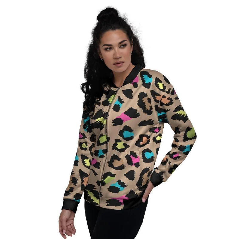 Brown Colorful Cheetah Print Women's Bomber Jacket