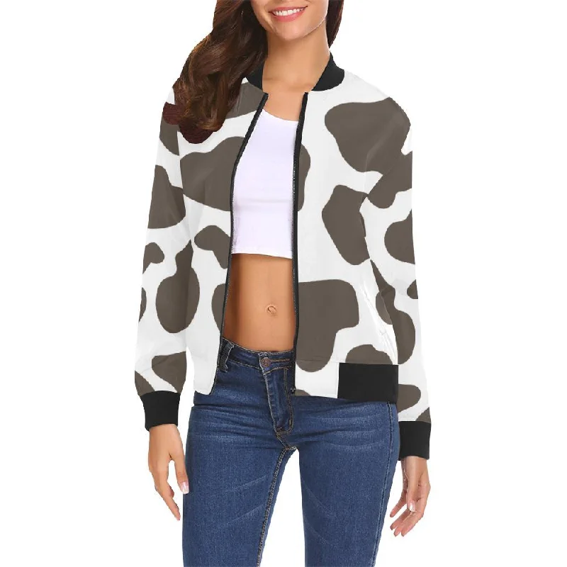 Brown Cow Pattern Print Women Casual Bomber Jacket