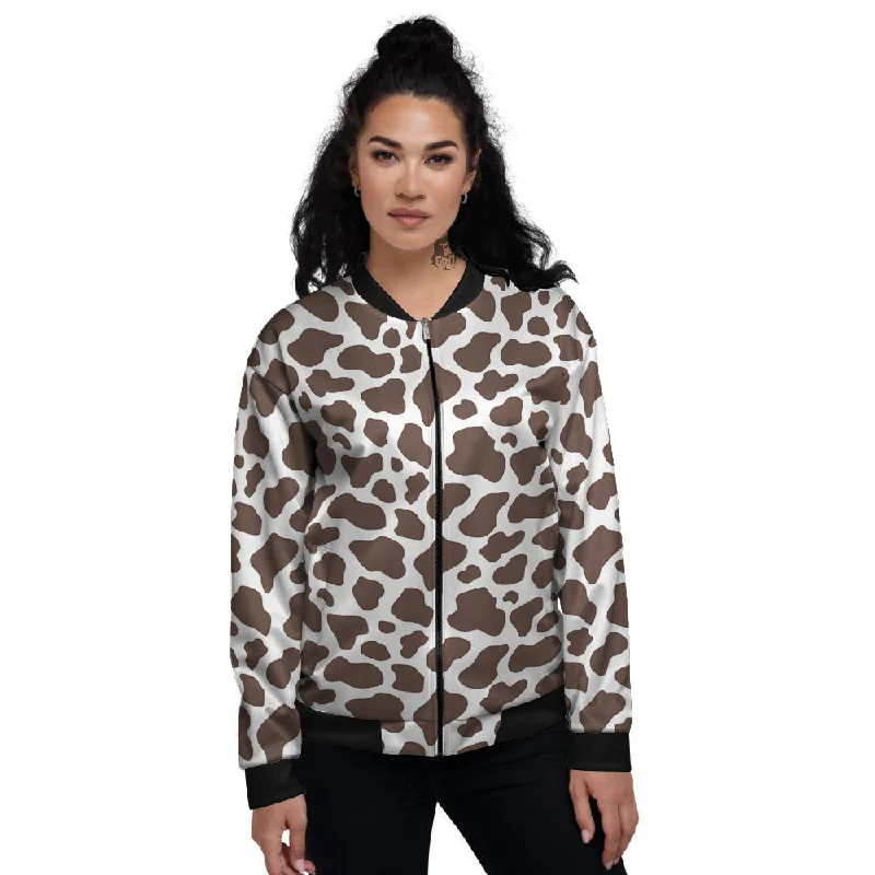 Brown Cow Print Pattern Women's Bomber Jacket