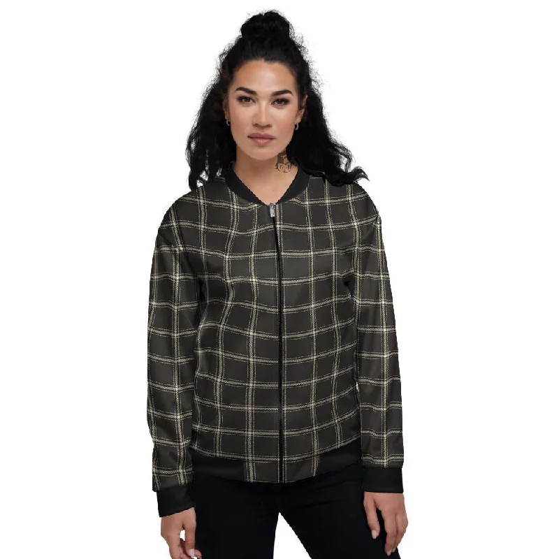 Brown Dark Check Print Pattern Women's Bomber Jacket