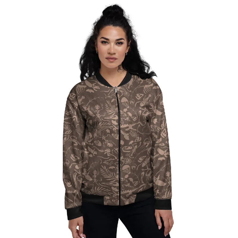 Brown Fossil Print Pattern Women's Bomber Jacket