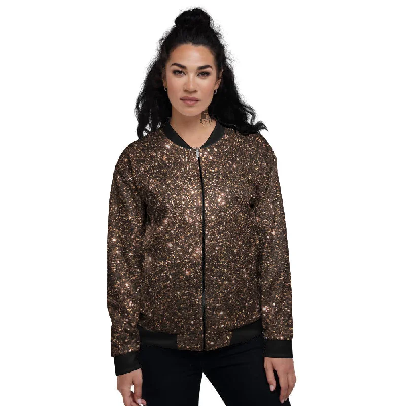 Brown Glitter Print Women's Bomber Jacket