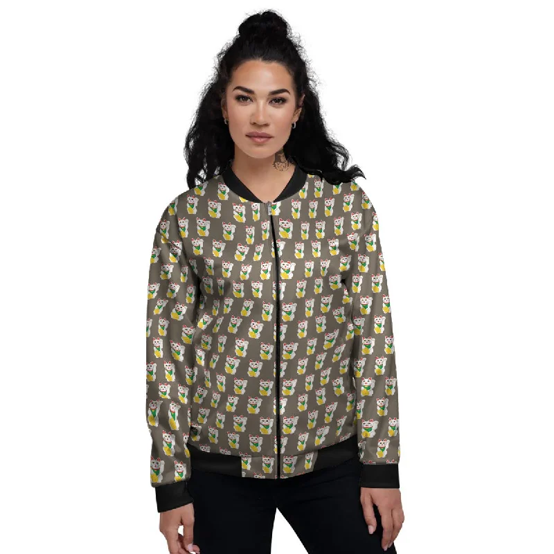 Brown Lucky Cat  Print Pattern Women's Bomber Jacket