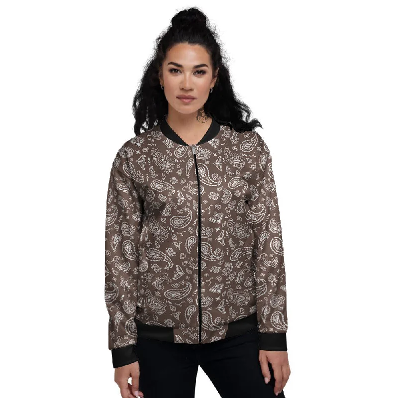 Brown Paisley Bandana Print Women's Bomber Jacket