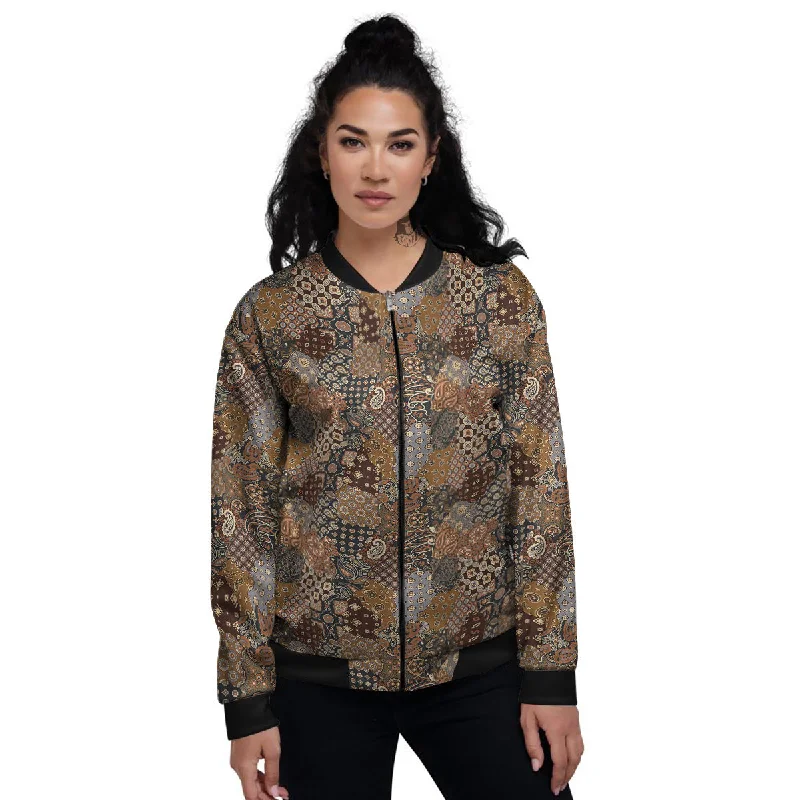 Brown Patchwork Paisley Print Pattern Women's Bomber Jacket