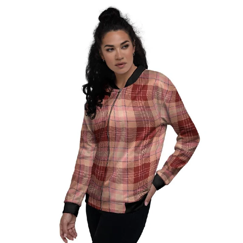 Brown Plaid Tartan Women's Bomber Jacket