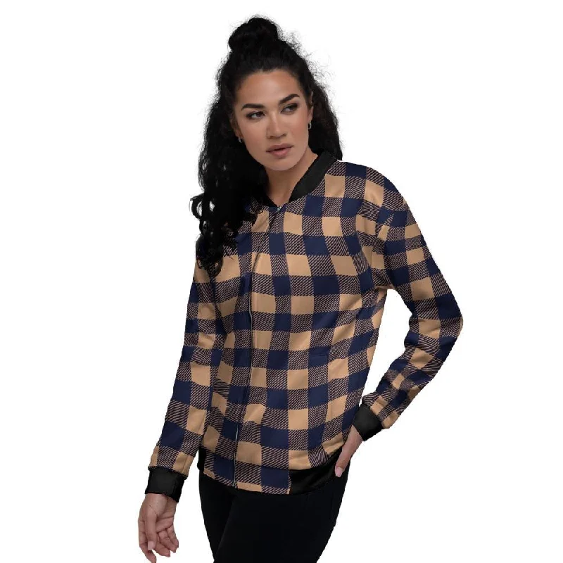 Brown Plaid Women's Bomber Jacket