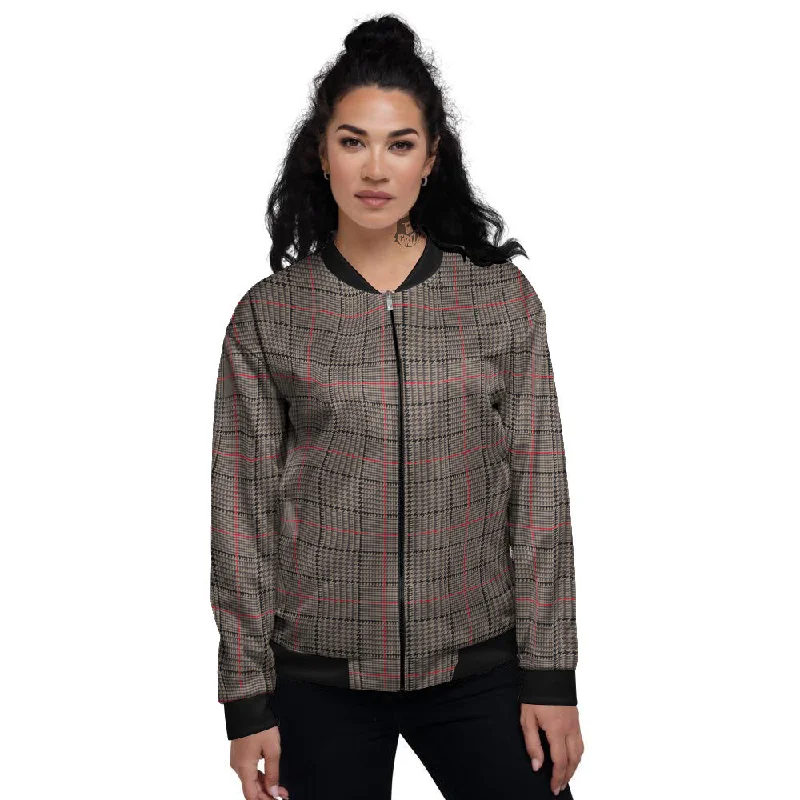 Brown Prince OF Wales Check Print Women's Bomber Jacket