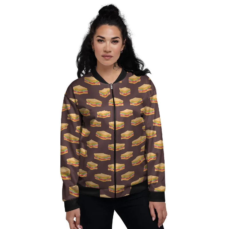 Brown Sandwich Print Pattern Women's Bomber Jacket