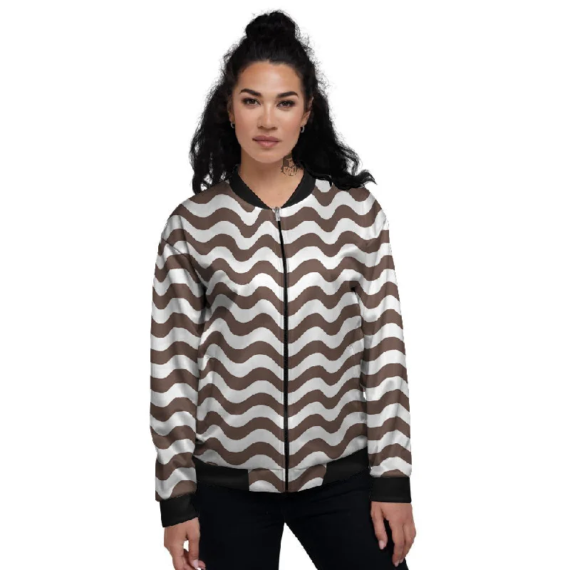 Brown Wave Striped Print Women's Bomber Jacket