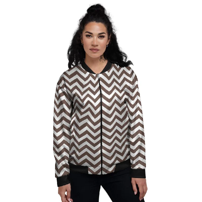 Brown Zigzag Print Pattern Women's Bomber Jacket