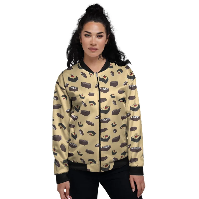 Brownie Beige Print Pattern Women's Bomber Jacket