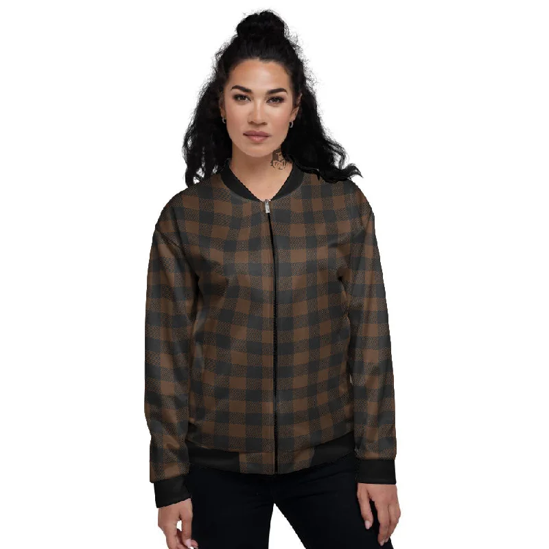 Buffalo Check Black And Brown Print Women's Bomber Jacket