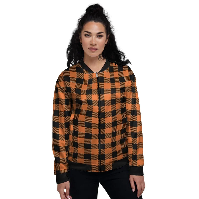 Buffalo Check Black And Orange Print Pattern Women's Bomber Jacket