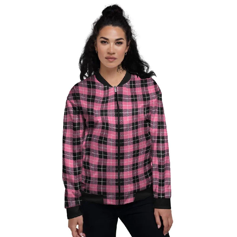 Buffalo Check Black And Pink Print Women's Bomber Jacket