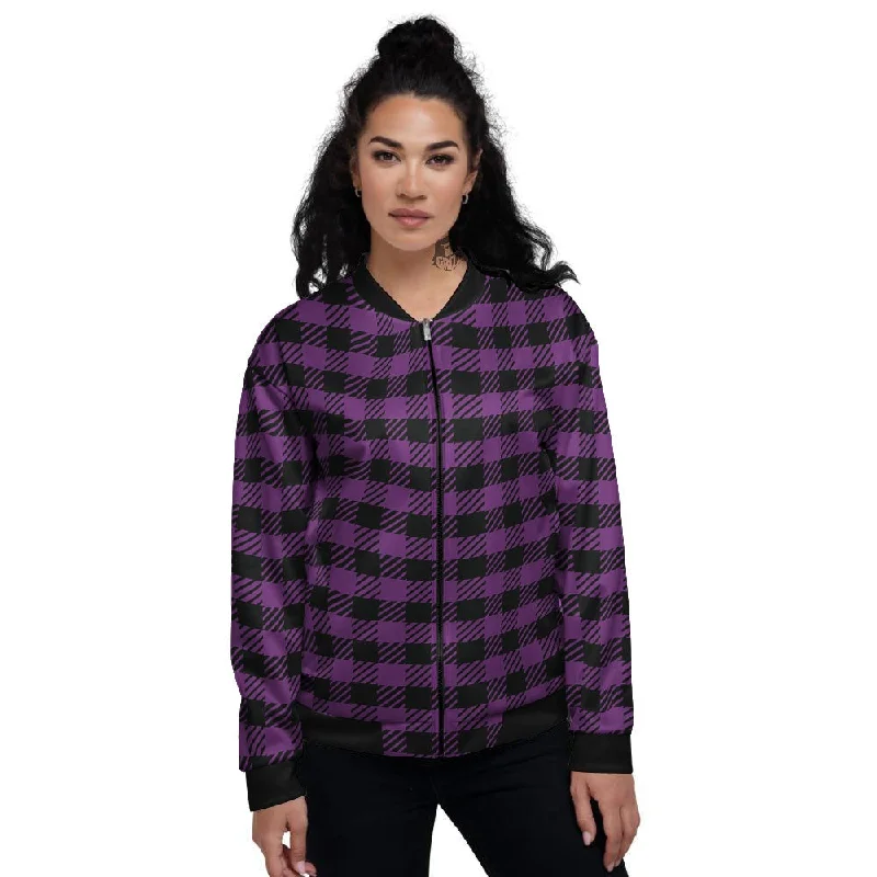 Buffalo Check Black And Purple Print Women's Bomber Jacket