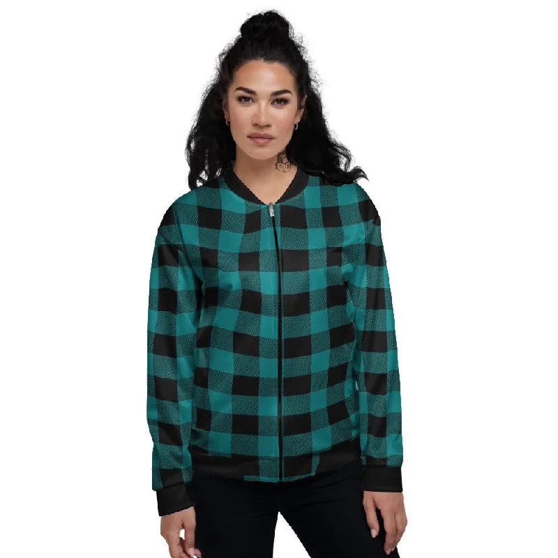 Buffalo Check Black And Teal Print Pattern Women's Bomber Jacket