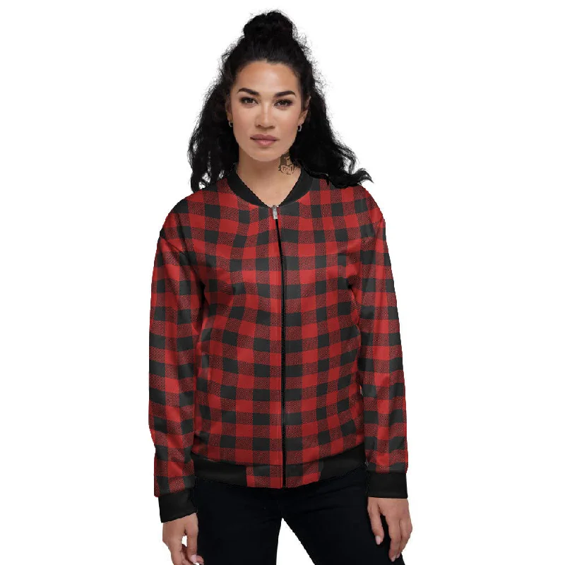 Buffalo Check Cardinal Red Print Pattern Women's Bomber Jacket