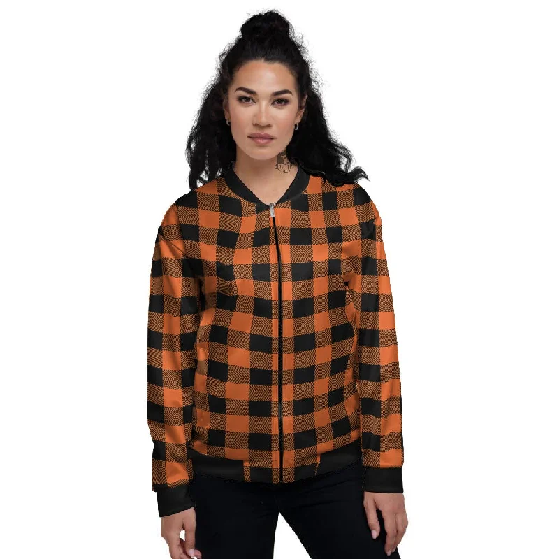 Buffalo Check Orange Print Pattern Women's Bomber Jacket