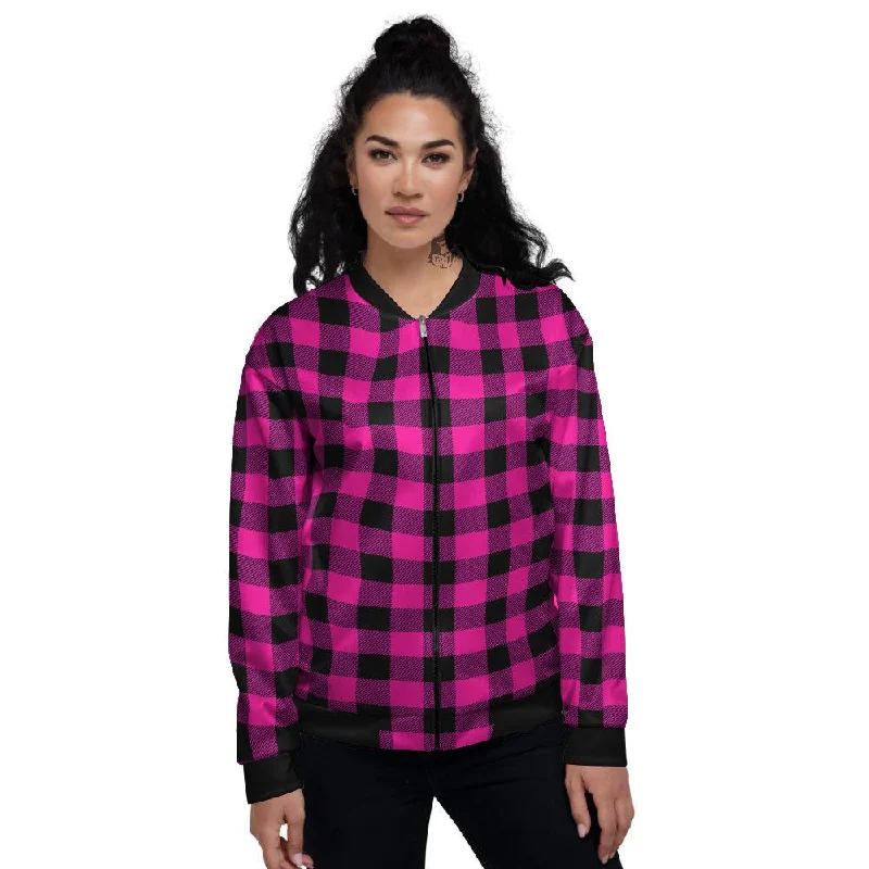 Buffalo Check Pink And Black Print Women's Bomber Jacket