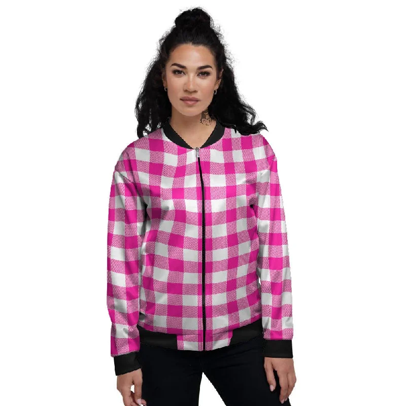 Buffalo Check Pink And White Print Women's Bomber Jacket