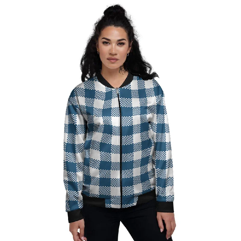 Buffalo Check White And Blue Print Women's Bomber Jacket