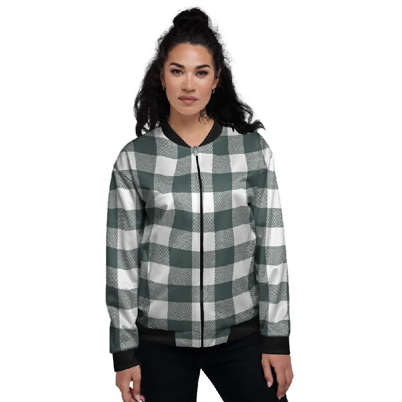 Buffalo Check White And Green Print Women's Bomber Jacket