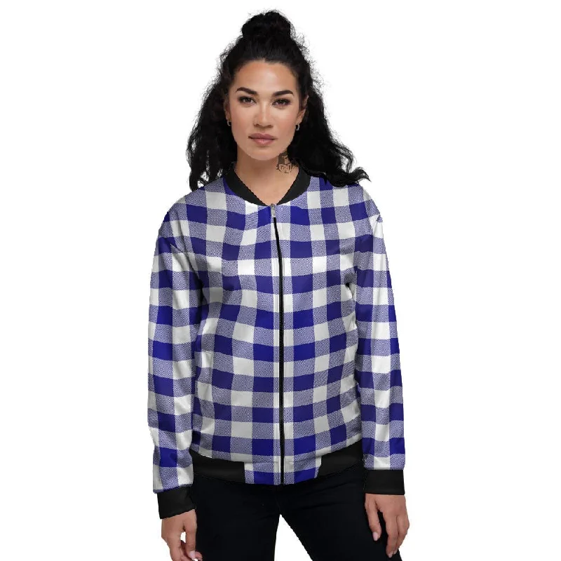 Buffalo Check White And Navy Print Women's Bomber Jacket