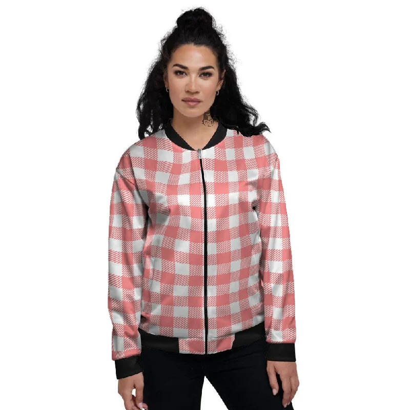 Buffalo Check White And Pink Print Women's Bomber Jacket