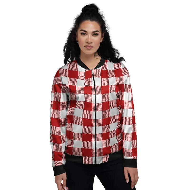 Buffalo Check White And Red Print Women's Bomber Jacket