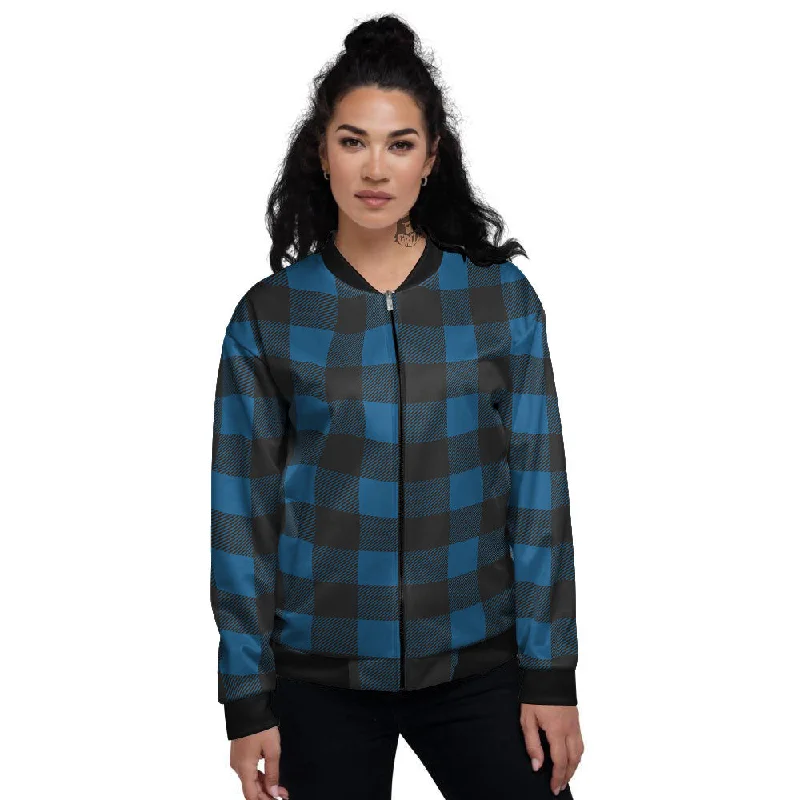 Buffalo Plaid Black And Blue Print Women's Bomber Jacket