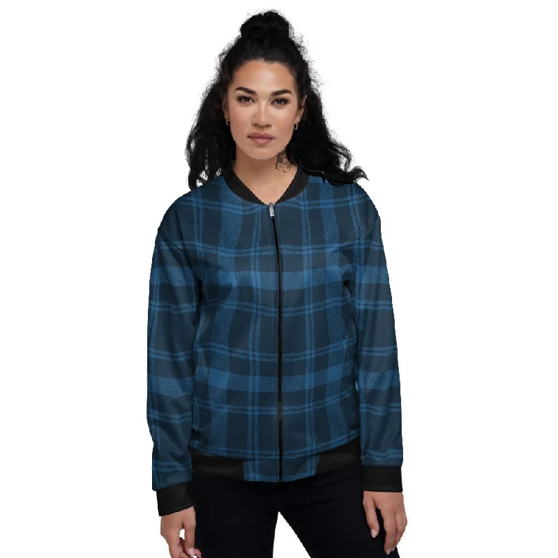 Buffalo Plaid Black And Navy Print Women's Bomber Jacket