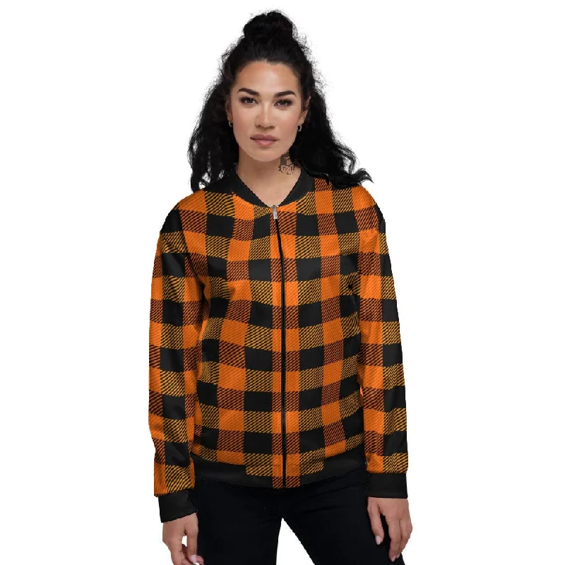 Buffalo Plaid Black And Orange Print Women's Bomber Jacket