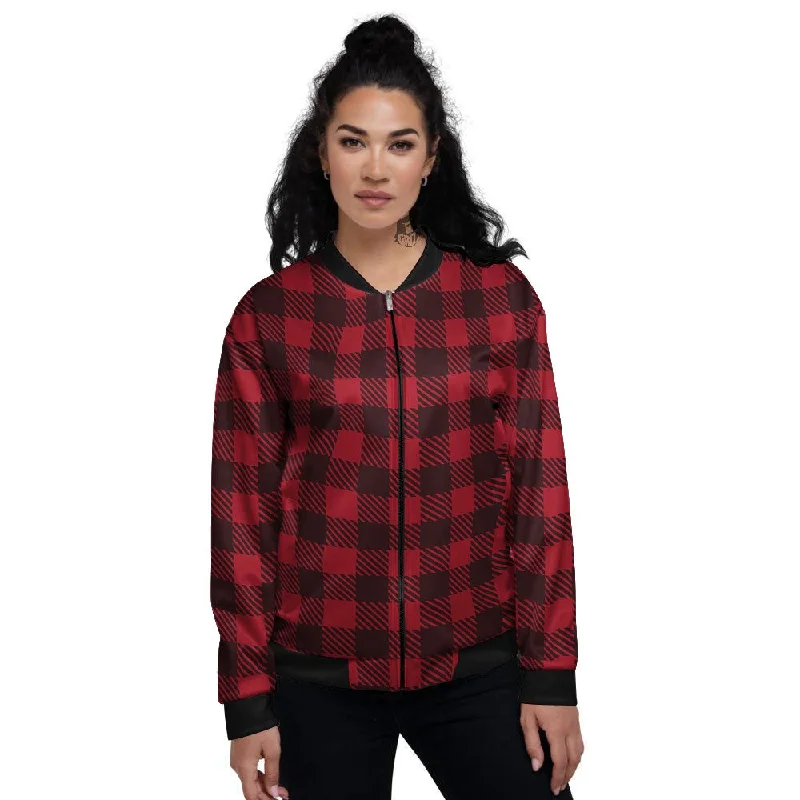 Buffalo Plaid Black And Red Print Women's Bomber Jacket