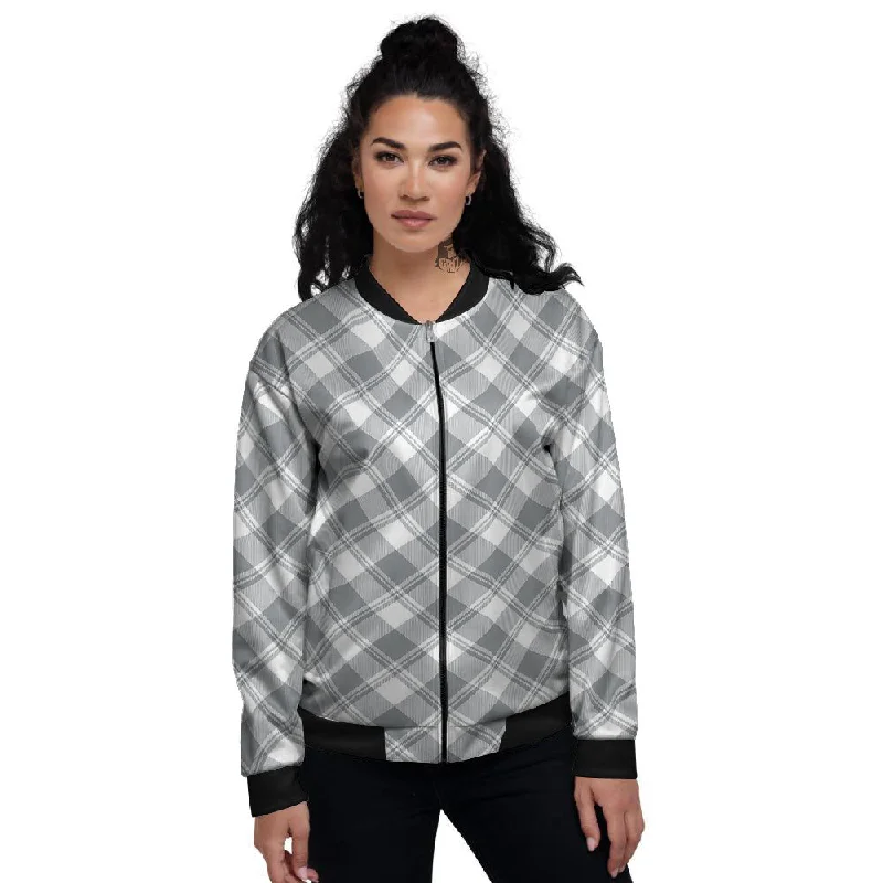 Buffalo Plaid Grey Print Pattern Women's Bomber Jacket