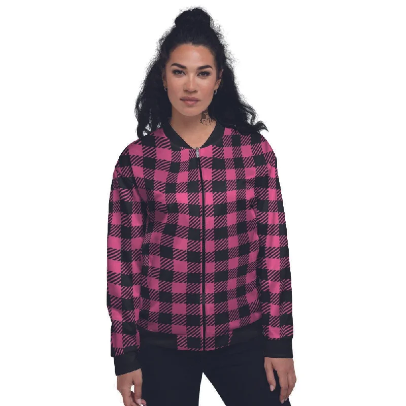 Buffalo Plaid Hot Pink Print Women's Bomber Jacket