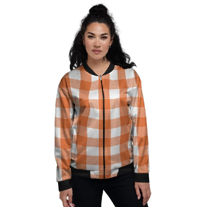 Buffalo Plaid Orange Print Women's Bomber Jacket