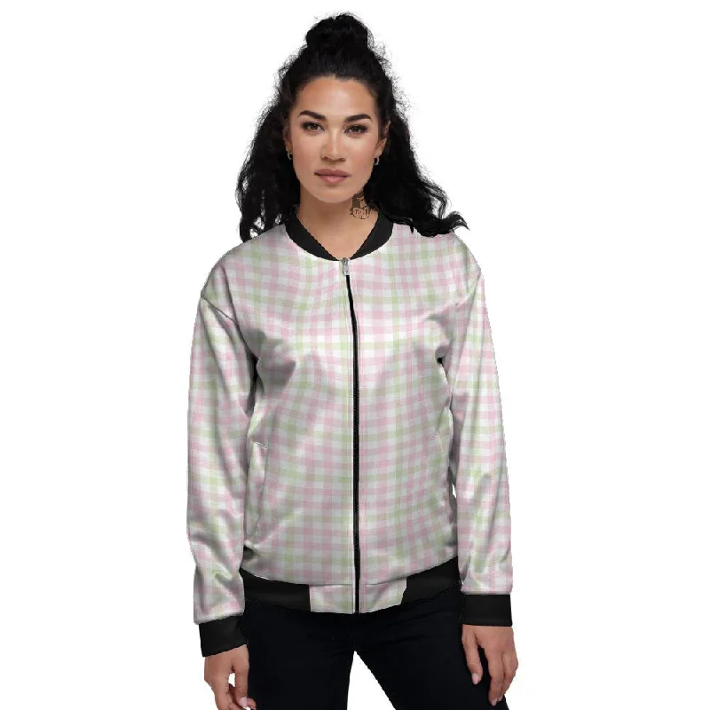 Buffalo Plaid Pink And Green Print Women's Bomber Jacket