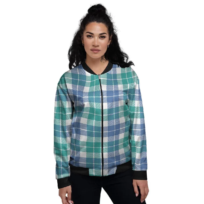 Buffalo Plaid White Green And Blue Print Pattern Women's Bomber Jacket