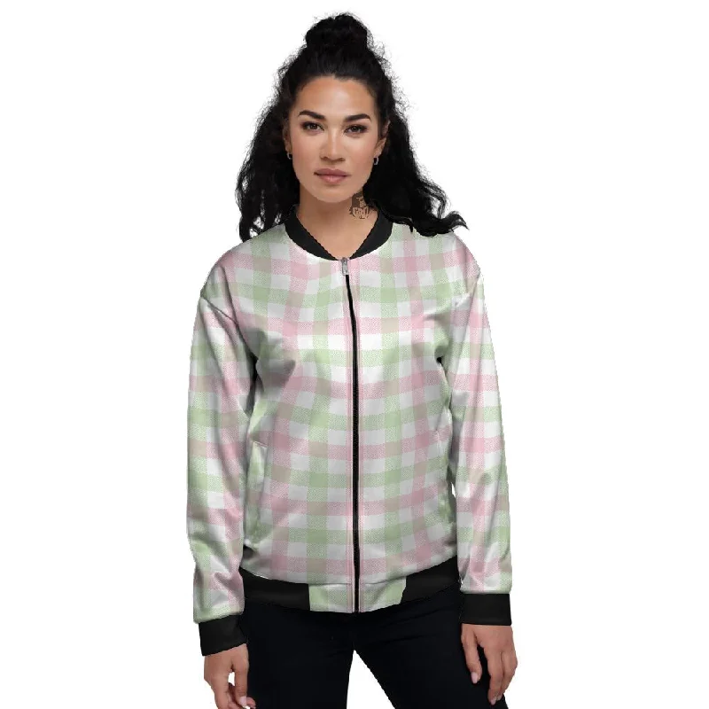 Buffalo Plaid White Pink And Green Print Pattern Women's Bomber Jacket