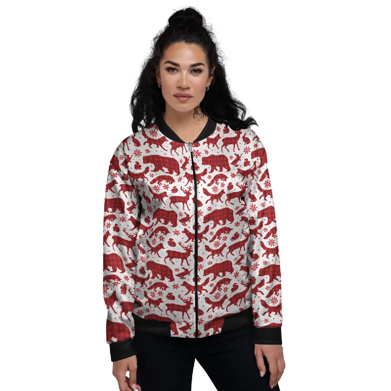 Buffalo Plaid Winter Forest Animal Print Pattern Women's Bomber Jacket