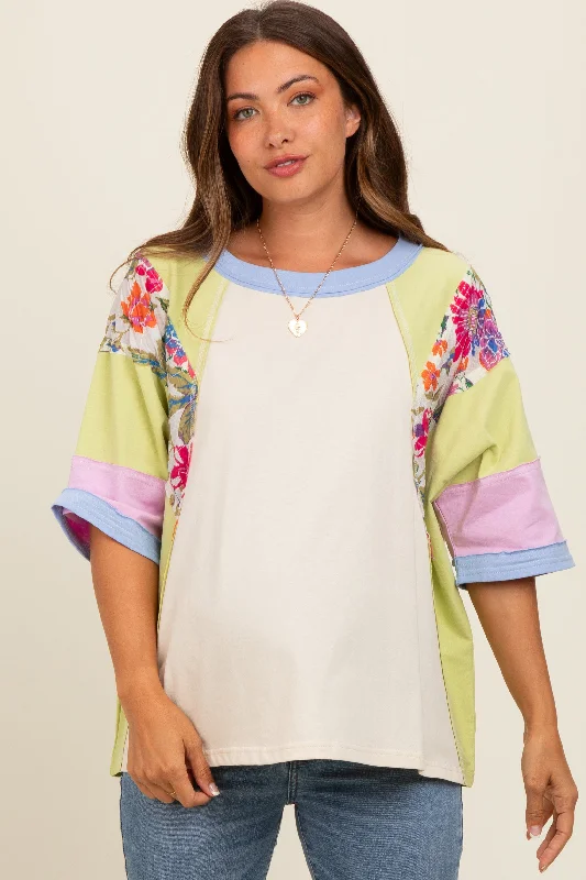 Lime Floral Colorblock Raw Hem Maternity Oversized Top