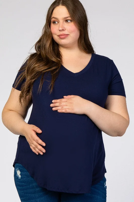 Navy Blue V-Neck Short Sleeve Maternity Plus Top