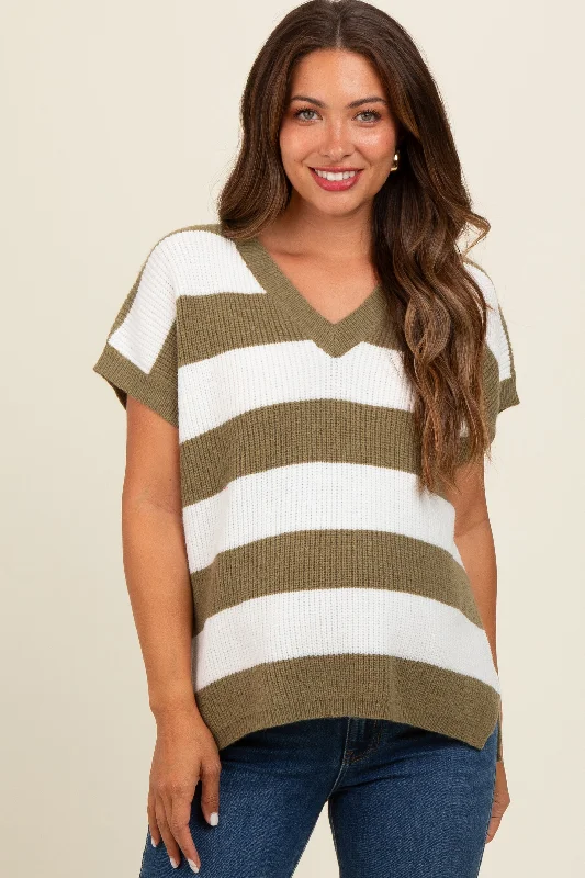 Olive Striped V-Neck Maternity Sweater Top