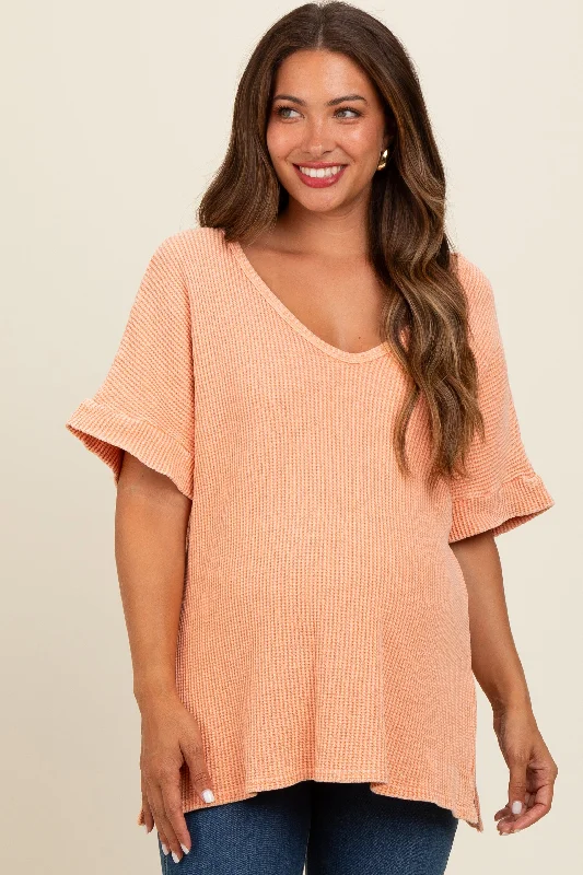 Peach Waffle Knit V-Neck Maternity Top