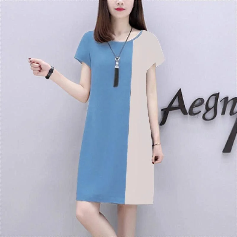 Round Neck Short-sleeved A-line Skirt Loose Dress Women's Summer Loose Loose and Thin Cover Meat Casual Skirt Stitching Color Dress