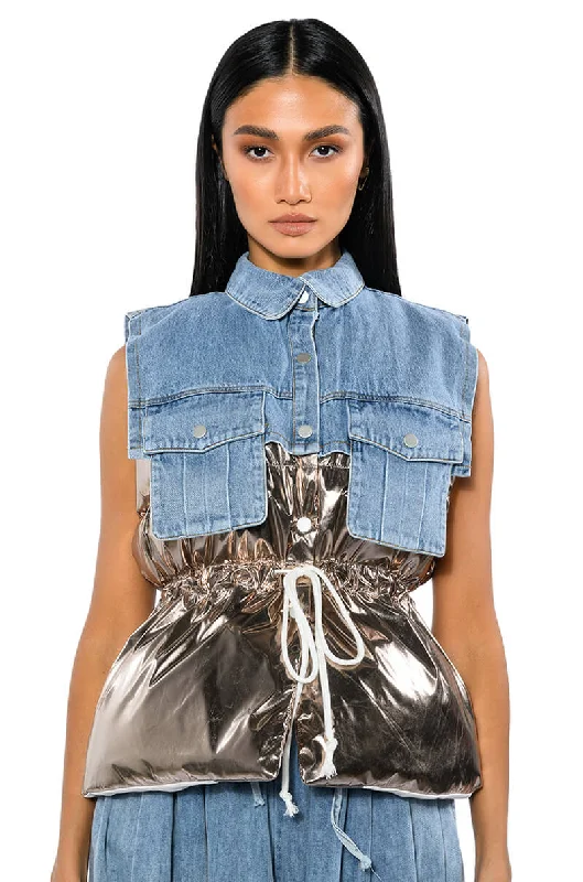 TO THE MOON METALLIC PUFFER VEST WITH DENIM