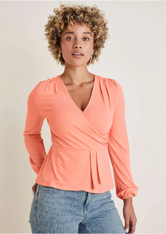 Faux Wrap Peplum Blouse - Burnt Coral