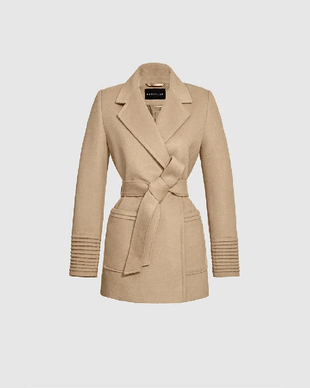 Baby Alpaca Cropped Notched Collar Wrap Coat with Square Pockets