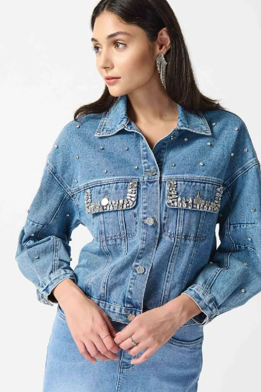 Embellished Denim Boxy Jacket in Denim Medium Blue 242917 by Joseph Ribkoff